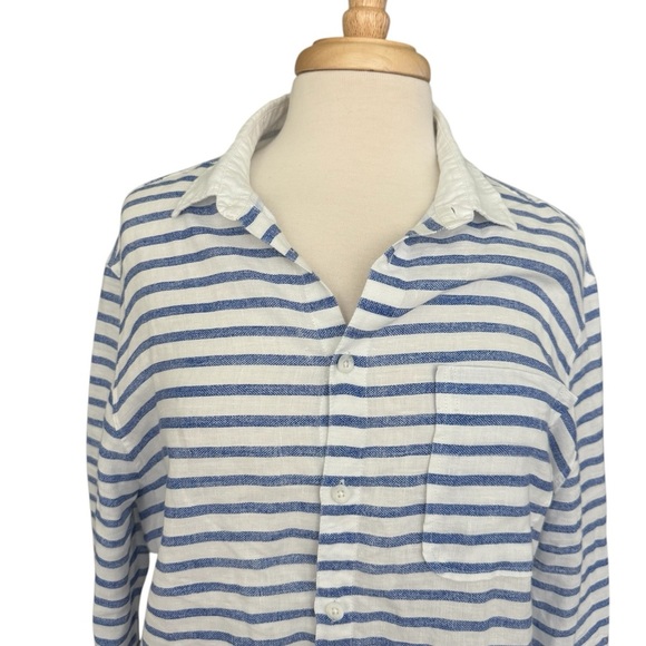 Escales Paris White & Blue Stripes Linen Shirt Size Medium - Picture 2 of 9